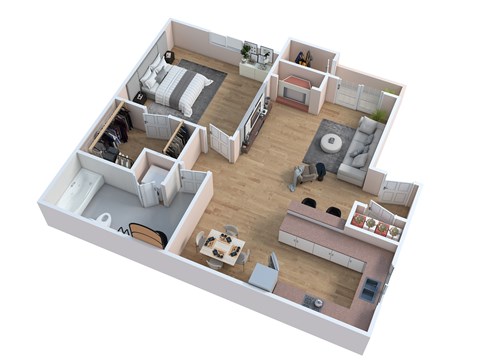 A 3D floor plan of a small apartment with a kitchen, living room, and bedroom.